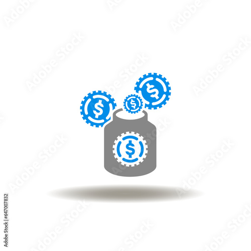 Vector illustration of jar with coins. Icon of investment. Symbol of investing. Sign of savings money, retirement.