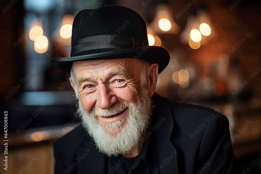 bearded old man wearing black hat and smiling at camera bearded old man wearing black hat and smiling at camera