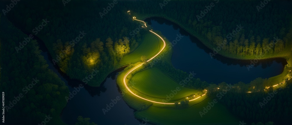 Aerial view of a meander at the forest at night from Generative AI Aerial view of a meander at the forest at night from Generative AI