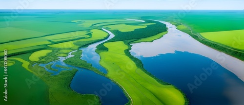 Aerial view of a river delta with lush green fields and curvy waterways from Generative AI