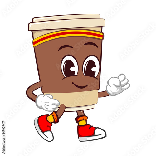 Cute happy coffee paper cup mascot practicing jogging. Isolated vector flat cartoon character illustration icon design. Coffee to go, take away concept