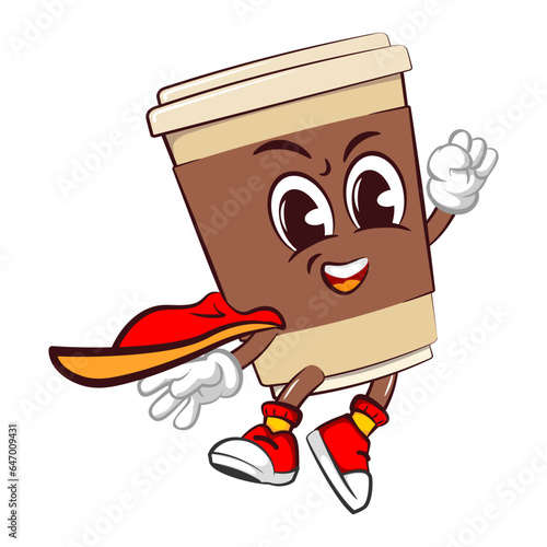 Cute happy coffee paper cup superhero mascot with cape flying. Isolated vector flat cartoon character illustration icon design. Coffee to go, take away concept