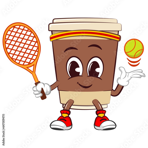 Cute happy coffee paper cup mascot playing tennis with racket and tennis ball. Isolated vector flat cartoon character illustration icon design. Coffee to go, take away concept