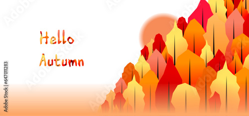 Seasonal background of trees with yellowed leaves in autumn. Landscape with sky and orange colors. Hello autumn vector illustration