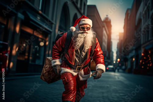 Santa Claus with glasses at Christmas with a backpack on the street prepared to travel to delivery gifts in street city