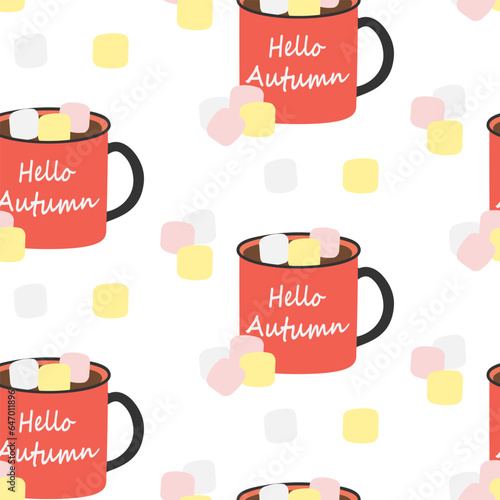 Seamless pattern of mugs with lettering Hello autumn  warm drink and marshmallow in trendy shades