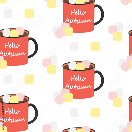 Seamless pattern of mugs with lettering Hello autumn, warm drink and marshmallow in trendy shades