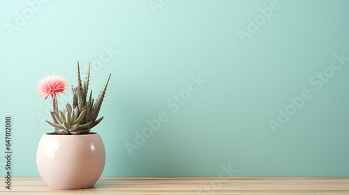 Vase with cactus plants on a wooden table with pastel colored walls