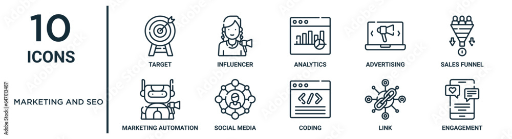 marketing and seo outline icon set such as thin line target, analytics ...