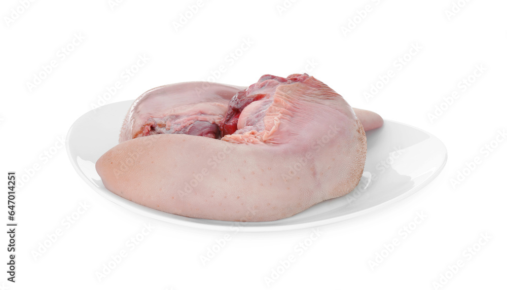 Plate with raw beef tongues on white background Plate with raw beef tongues on white background