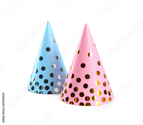 Bright handmade party hats isolated on white