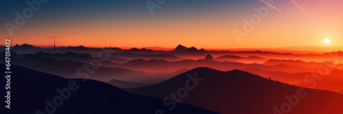 Mountain silhouettes under a foggy sunrise  Generative AI