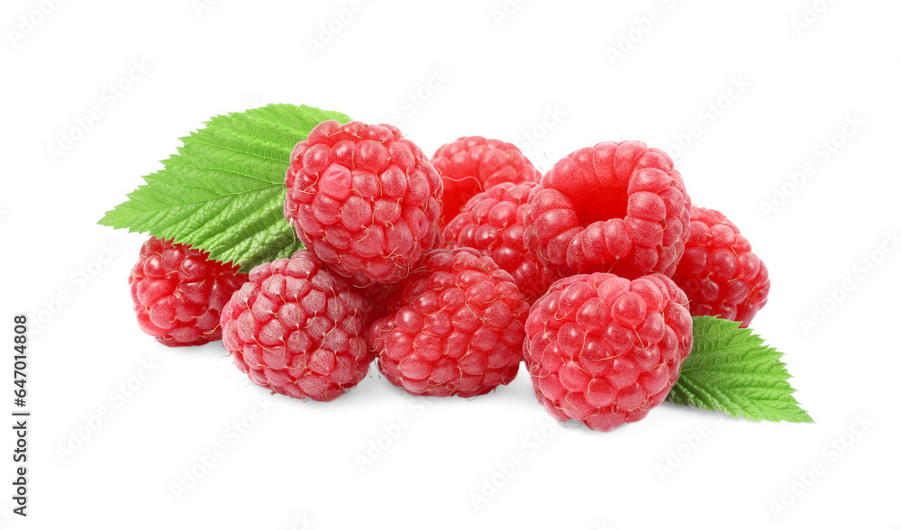 Many fresh ripe raspberries and green leaves isolated on white Many fresh ripe raspberries and green leaves isolated on white