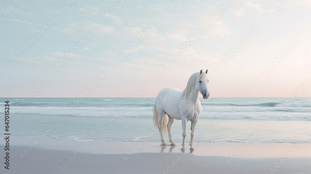 A Beautiful White Horse on a White Sand Beach with a Crystal Blue Ocean Behind it - Light Blue Pastel Color Tones - Calm, Quiet, and Peaceful Setting