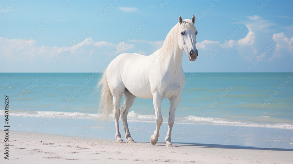 A Beautiful White Horse on a White Sand Beach with a Crystal Blue Ocean Behind it - Light Blue Pastel Color Tones - Calm, Quiet, and Peaceful Setting