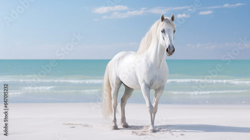 Fototapeta Naklejka Na Ścianę i Meble -  A Beautiful White Horse on a White Sand Beach with a Crystal Blue Ocean Behind it - Light Blue Pastel Color Tones - Calm, Quiet, and Peaceful Setting