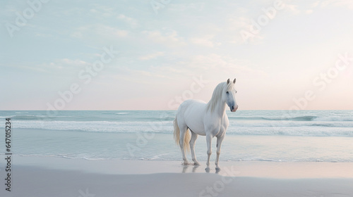 A Beautiful White Horse on a White Sand Beach with a Crystal Blue Ocean Behind it - Light Blue Pastel Color Tones - Calm  Quiet  and Peaceful Setting