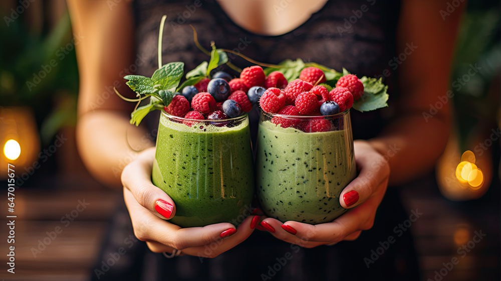 A glass of red and green smoothies in female hands, close-up.