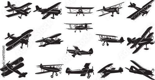 Set of biplane Silhouettes, isolated vector of old aeroplane 
