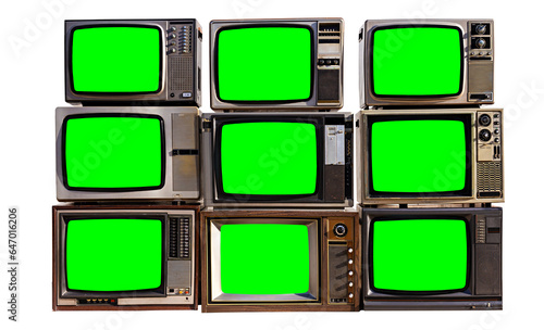 Nine antique TVs, Vintage old televisions with chroma key green screen for designers, isolated on white background with clipping path. photo