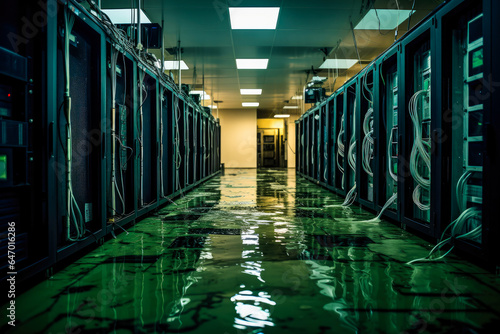 Datacenter being flooded. Water flooding the supercomputer array  IT damage
