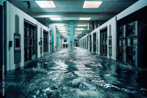 Datacenter being flooded. Water flooding the supercomputer array, IT damage