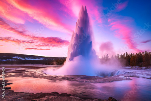Geyser eruption in a national park, pink clouds in the background at sunset, magical view