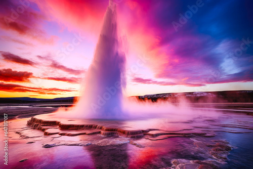 Geyser eruption in a national park, pink clouds in the background at sunset, magical view