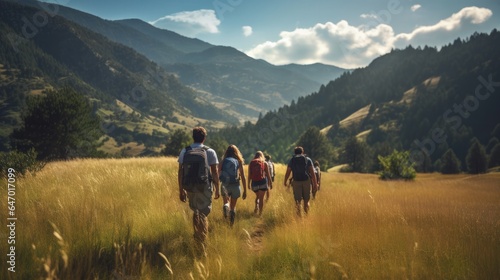 photo of a family and friends hiking together in the mountains in the vacation trip week. sweaty walking in the beautiful nature, travel, nature, adventure