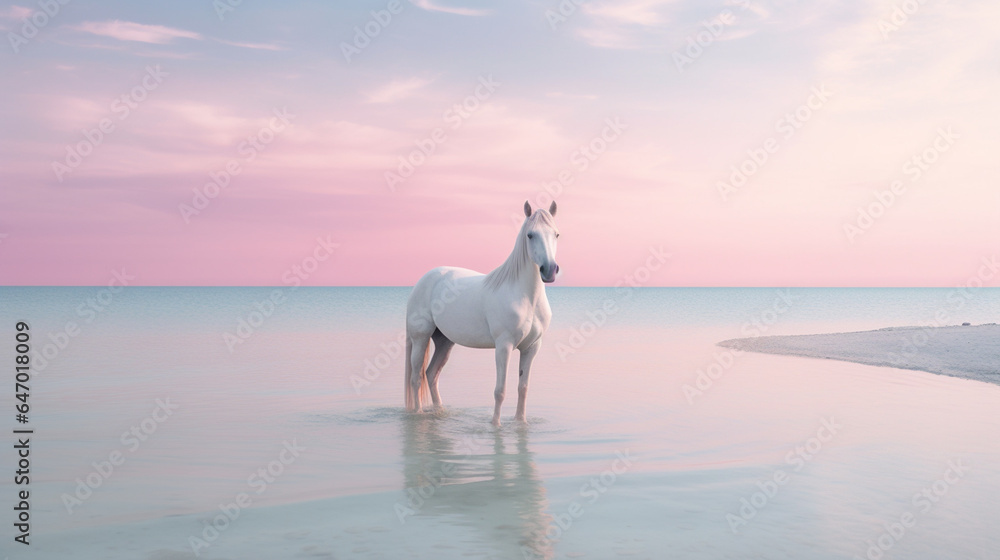 A Beautiful White Horse on a Sandy Beach with a Calming Ocean Behind it - Light Pink, Blue, and Purple Pastel Color Tones - Calm, Quiet, and Peaceful Setting - obrazy, fototapety, plakaty 