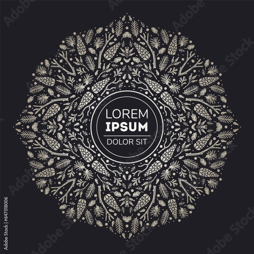 Christmas holiday frame. Vintage vector card. Winter background. Vector floral illustration. Black and white.