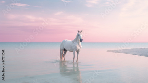 A Beautiful White Horse on a Sandy Beach with a Calming Ocean Behind it - Light Pink  Blue  and Purple Pastel Color Tones - Calm  Quiet  and Peaceful Setting