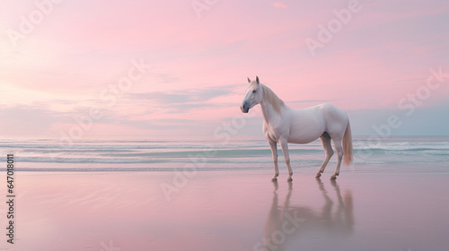 A Beautiful White Horse on a Sandy Beach with a Calming Ocean Behind it - Light Pink, Blue, and Purple Pastel Color Tones - Calm, Quiet, and Peaceful Setting