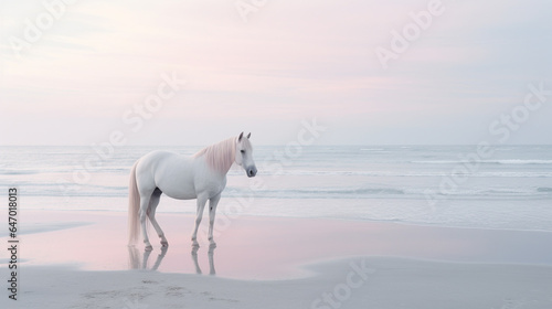 A Beautiful White Horse on a Sandy Beach with a Calming Ocean Behind it - Light Pink, Blue, and Purple Pastel Color Tones - Calm, Quiet, and Peaceful Setting © AnArtificialWonder