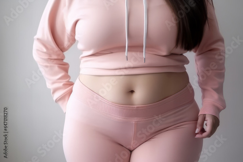Close-up view of a woman belly in sports clothes on grey background, obesity concept