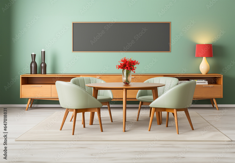 Mint color chairs surrounding a round wooden dining table Mint color chairs surrounding a round wooden dining table