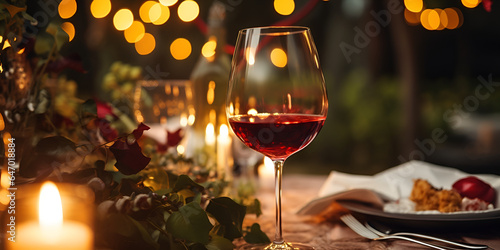 Romantic luxury evening with champagne setting with  glasses rose petails and candles photo