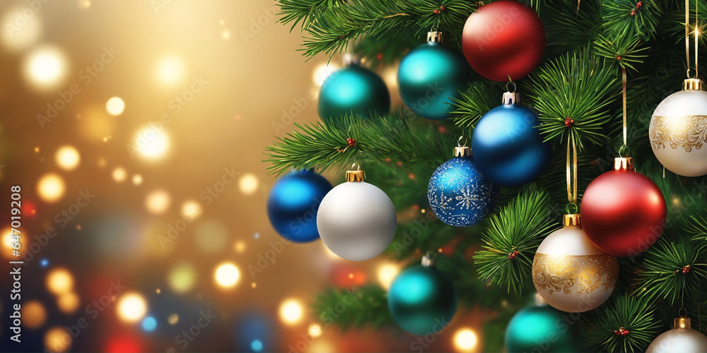 Christmas illustration with Christmas tree branches, colored balls and other decorations. Generative AI