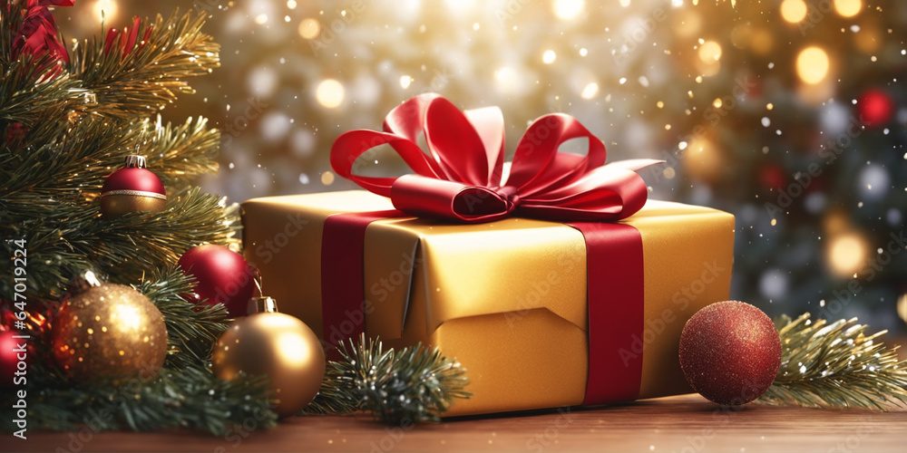 Christmas illustration with big colored gift box with ribbons and bow, Christmas tree branches, red and golden balls and other decorations. Generative AI Christmas illustration with big colored gift box with ribbons and bow, Christmas tree branches, red and golden balls and other decorations. Generative AI