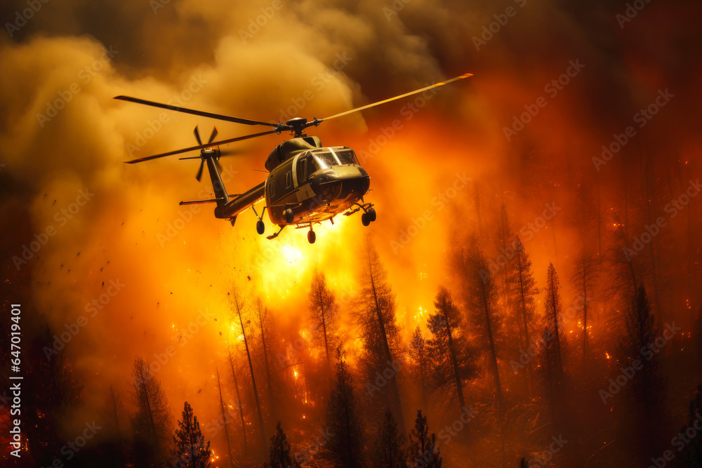 Fire fighting helicopter flying over a large fire in the forest Fire fighting helicopter flying over a large fire in the forest