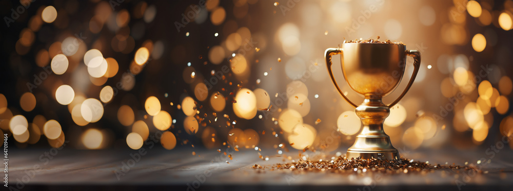 Ultimate Win: Gold Trophy and Confetti on Tabletop Ultimate Win: Gold Trophy and Confetti on Tabletop