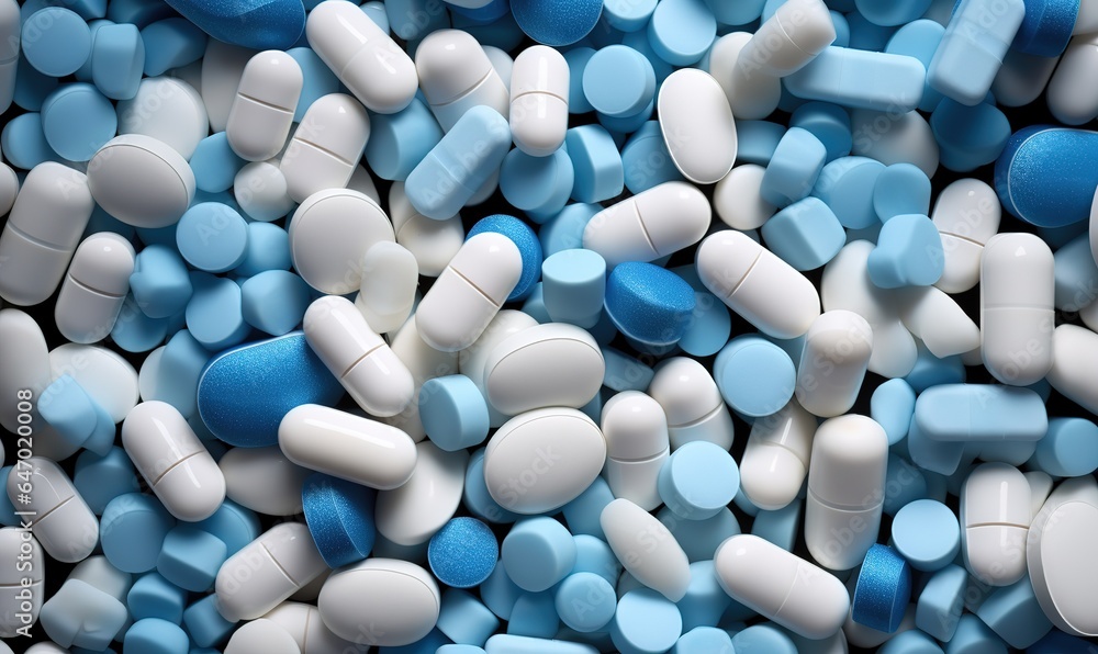 a close up of a pile of blue and white pills a close up of a pile of blue and white pills