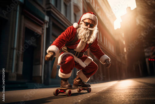 modern santa claus with glasses and urban style riding a skateboard through the streets of the city