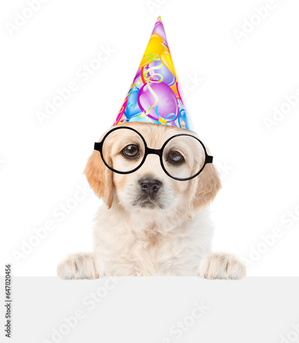 Golden retriever puppy wearing funny eyeglasses and party cap looks above empty white banner. isolated on white background © Ermolaev Alexandr