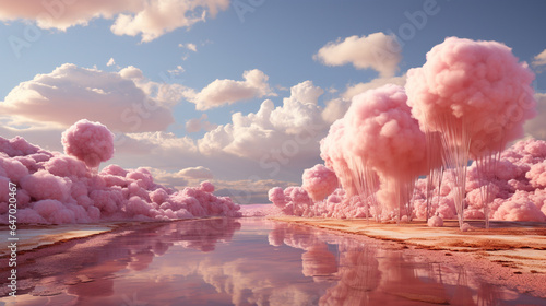Beautiful, Pastel Pom Pom Trees in a Surreal Cotton Candy Themed Landscape - Epic Mountain Vistas in the Distance with Puffy Clouds - Fantasy Story Setting 