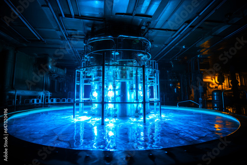 Fototapeta Naklejka Na Ścianę i Meble -  Blue glow water of nuclear reactor core powered, caused by Cherenkov radiation