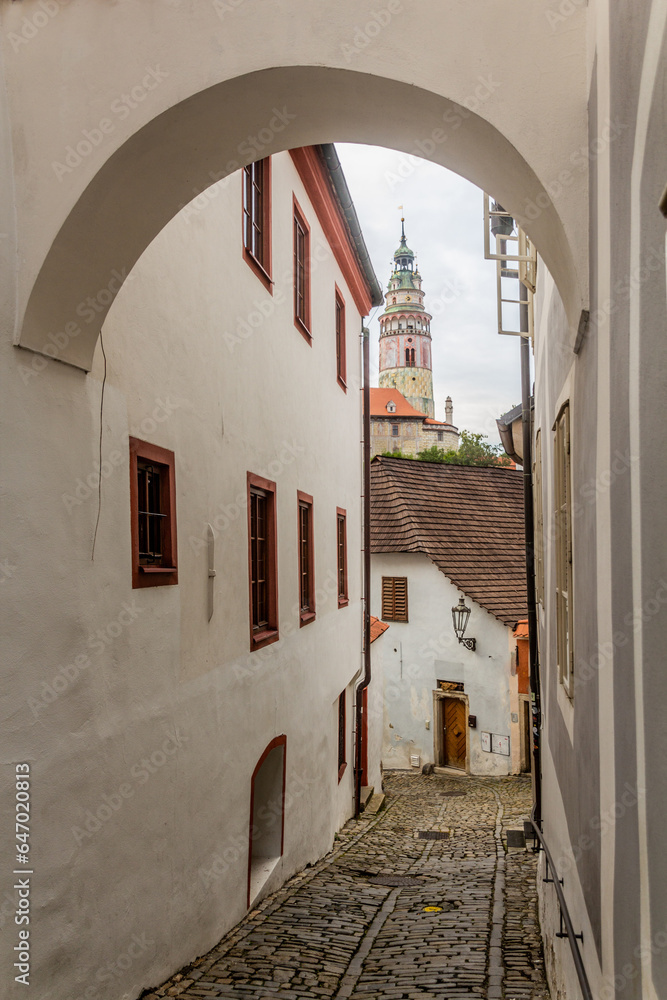 View of a narrow alley in Cesky Krumlov, Czech Republic