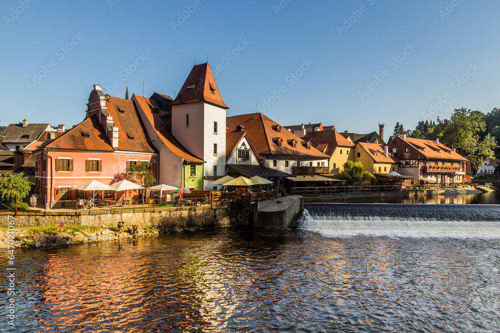 Weir on Vltava river in Cesky Krumlov, Czech Republic