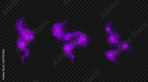 Set of purple powder clouds with glitter. Vector illustration. Magic glowing violet smoke isolated on transparent backdrop