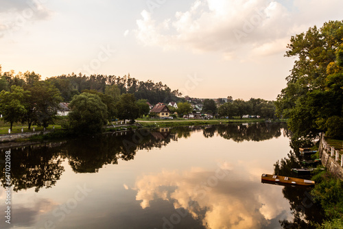 Evening view of Luznice river in Kolodeje nad Luznici village, Czech Republic